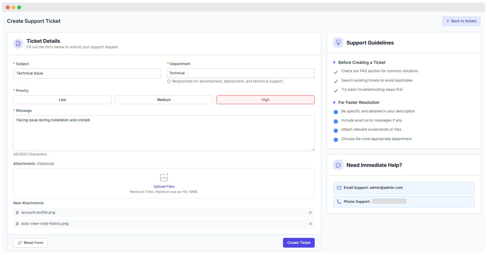 Creating a New Support Ticket